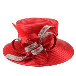 Women's Red Wide Brim Derby Hat Rhinestone Church Tea Party Formal Headpiece